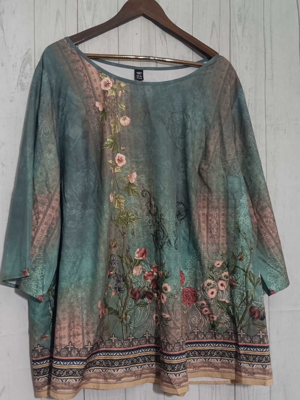 SHEIN Teal Floral Boatneck Tunic with Pink Accents Sz 6X